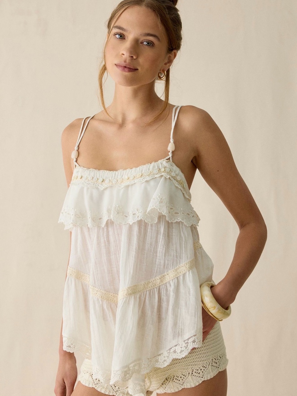 Kimchi Blue Cream Lace-Trim Ruffled Camisole